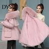 Warm Cotton Jacket Women Winter Coat Thick Plush Furry Hooded Long Sleeves Pockets Lightweight Puffer Drawstring Waist Zip-up Windproof Mid
