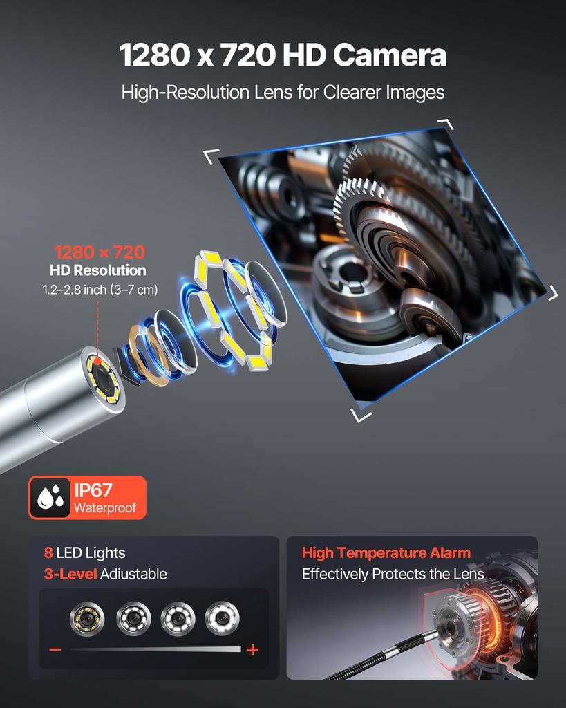 VEVOR Articulating Endoscope with Light, Two-Way Articulated Borescope Camera, 4.3" HD IPS Screen, 1280 X 720 Lens, 8X Zoom