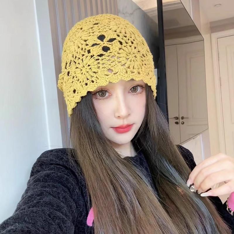 Women's Handmade Knitted Flower Hat Spring Autumn Thin Hollow Retro Literary Style Travel Baotou Stacking Cap