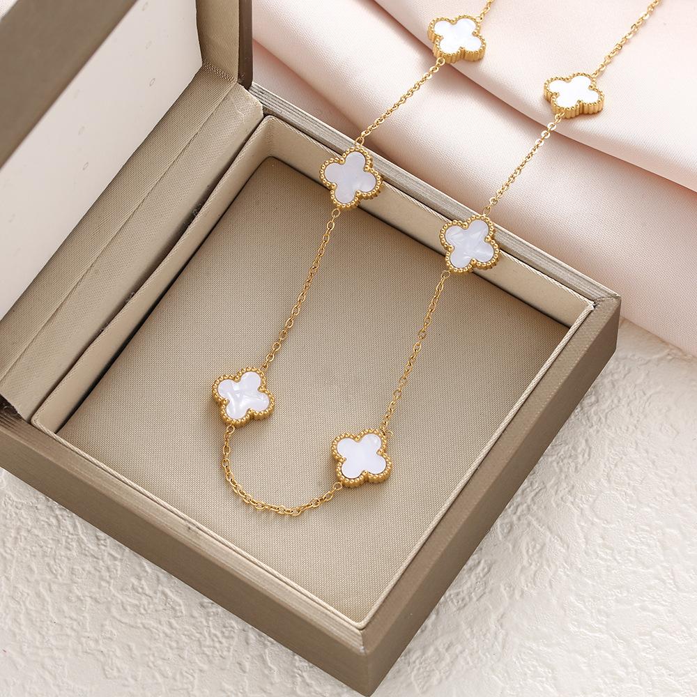 Titanium Steel Double-sided Clover Necklace with Ten Flower Mother of Pearl Necklace, 18K Gold-plated and Colorfast