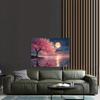 Arazzo Notturno con Fiori di Ciliegio Onirici, Albero di Ciliegio Rosa Sotto una Luna Piena Luminosa con Riflesso sull'Acqua, Rilassante Arte Murale Naturale