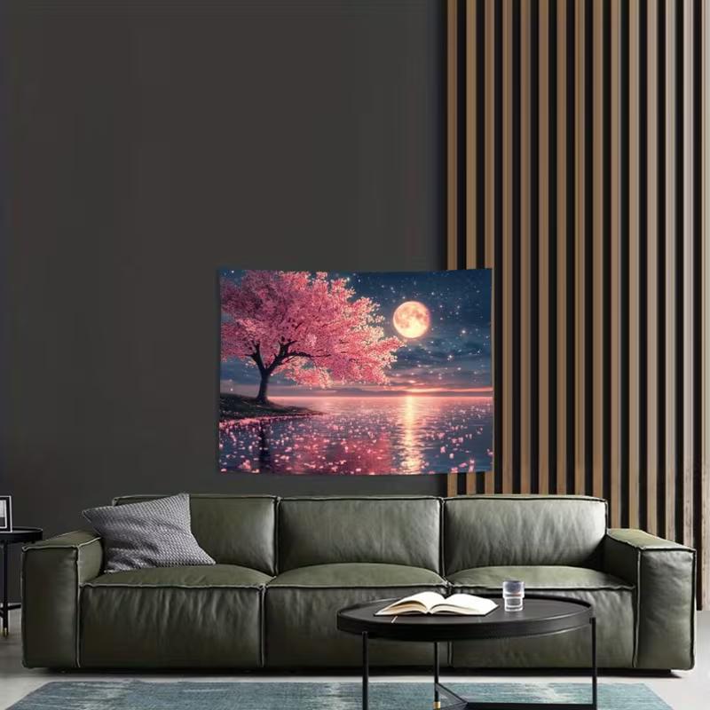 Arazzo Notturno con Fiori di Ciliegio Onirici, Albero di Ciliegio Rosa Sotto una Luna Piena Luminosa con Riflesso sull'Acqua, Rilassante Arte Murale Naturale