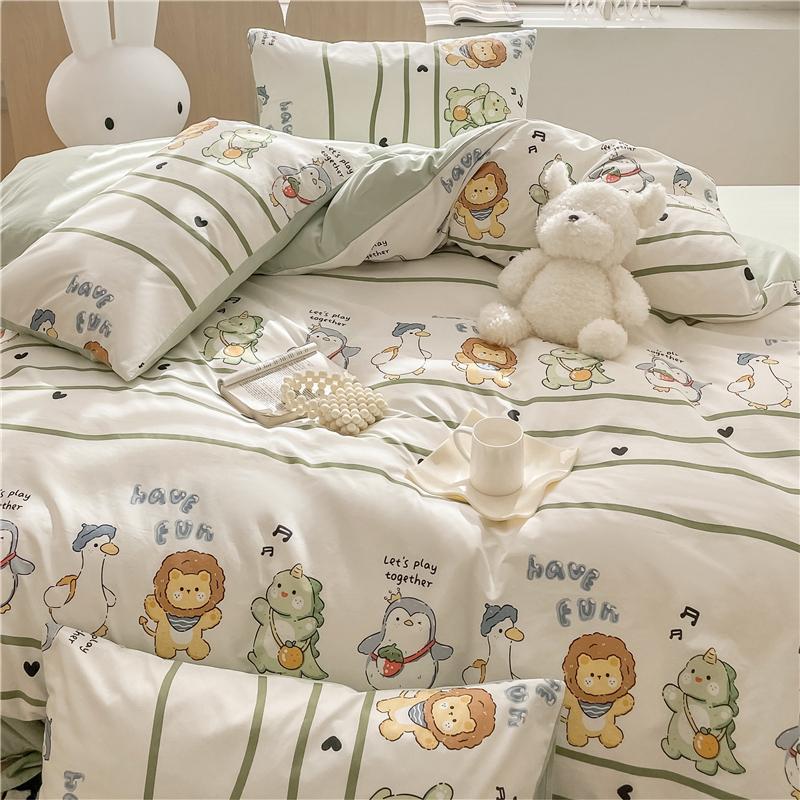 Sleep Grid Cotton Cartoon Printed Student Dormitory 3-Piece Set Home 4-Piece Set