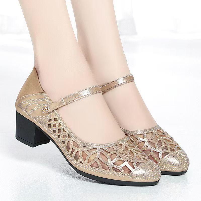 Women's Leather Mesh Rhinestone Block Heel Shoes Spring Summer New Round Toe Hollow Out Fashionable Shallow Slip On Sandals