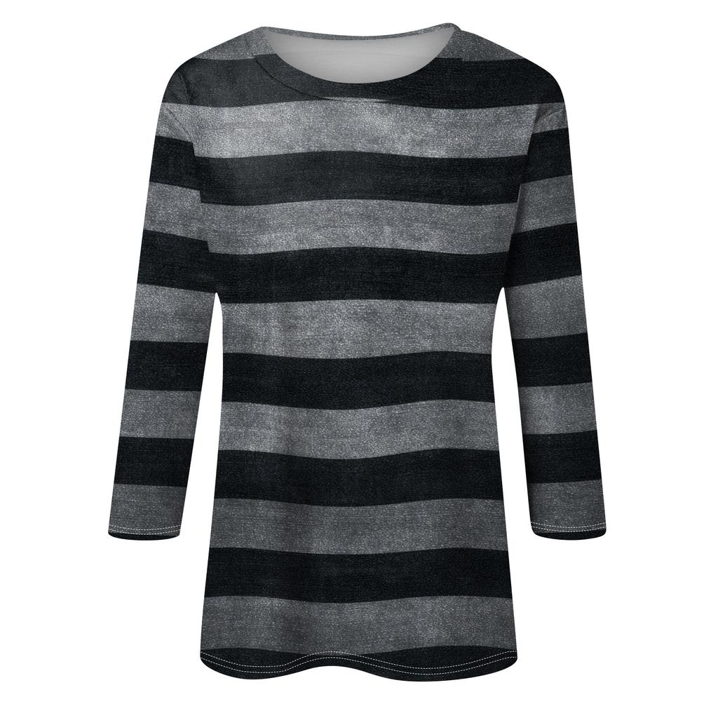 Modisches, lässiges Damen-T-Shirt mit Rundhalsausschnitt, Dreiviertelärmeln und Streifenmuster