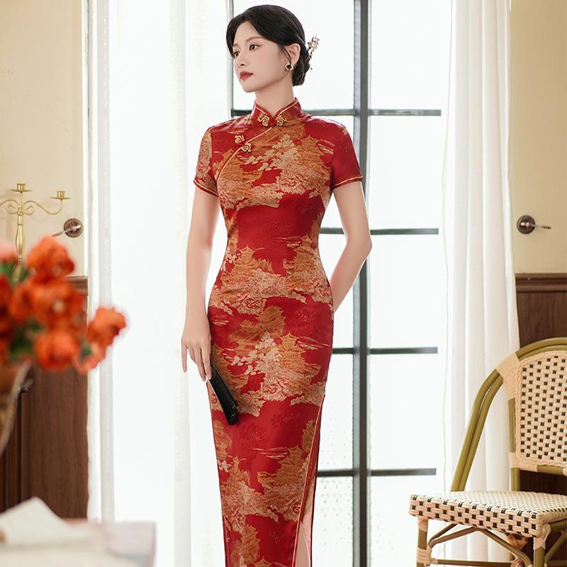 Women's Spring and Summer Retro Slim Cheongsam Long Dress Banquet Performance Elegant Dresses