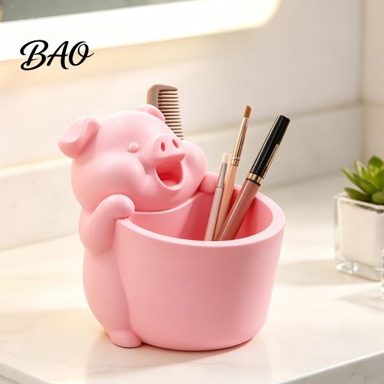 Desktop Clutter Organizer 3D Printed Cute Piggy Storage Pot, Cartoon Pig Shaped Pen Holder, Makeup Tool Holder Brush Organizer, Multifunctional