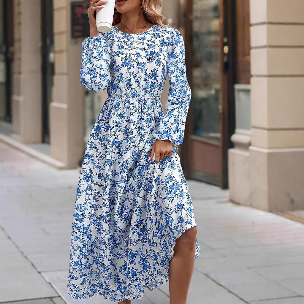 Women's new skirt printed round neck long-sleeved ruffle edge dress