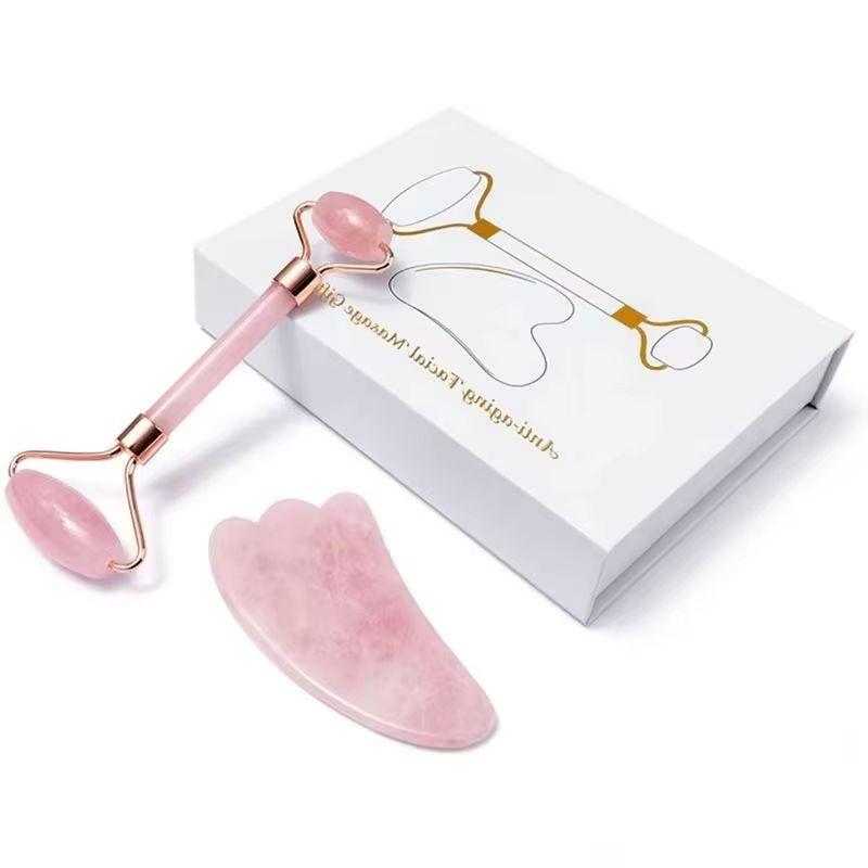 Rose Quartz Gouache Scraper Face Massage Roller Gua Sha Scraper Set Natural Jade Stone Jade Roller Massager For Face Box