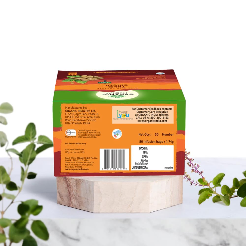 ORGANIC INDIA Tulsi Ginger Tea 50 Teabags Stress Relief Immune Support Antioxidant Boost 87g