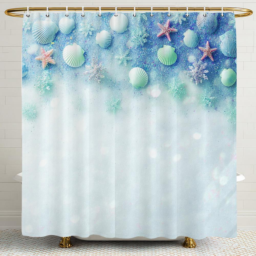 Ocean Beach Shell Starfish Printed Shower Curtain, Bathroom Decorative Shower Curtain,Waterproof Shower Curtain with Hooks