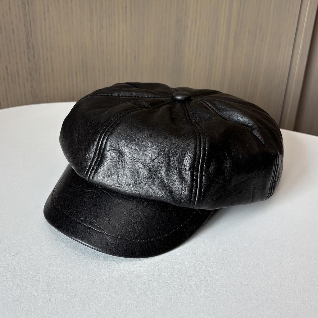British Retro Pu Leather Brim Small Standard Octagonal Hat Women'S Temperament Versatile Cap Showing Face Small Newsboy Hat