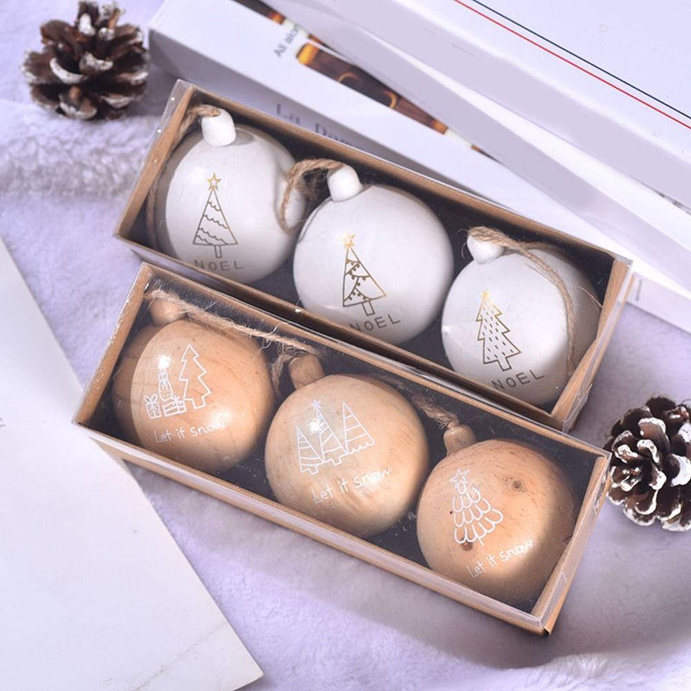 3Pcs 6cm Wooden Christmas Balls Reusable Decorative Christmas Tree Pendants Shatterproof Christmas Hanging Balls Gifts