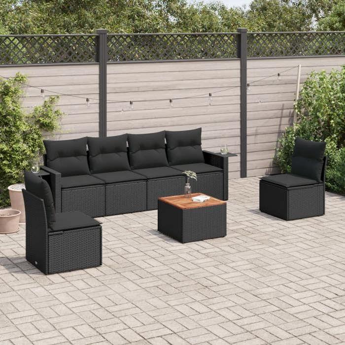 VidaXL Salon de Jardin avec Coussins 7 pcs, Canapés de Terrasse, Ensemble de Meubles de Patio, Mobilier d'Extérieur, Noir 3224508