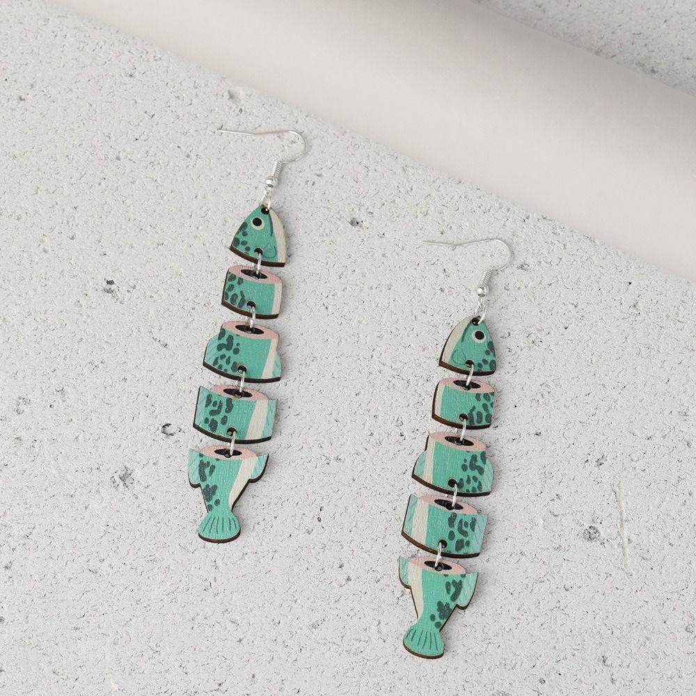 5Pairs Acrylic Wood Fish Drop Earrings Multi Segment Beach Drop Earrings Salmon Fish Earrings Women