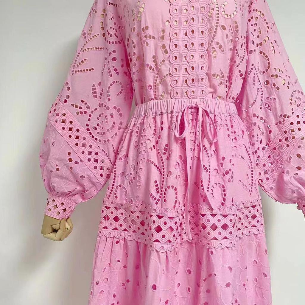 2023 Fall V-Neck Lantern Sleeve Top & Elastic Waist Hollow Skirt Set for Women