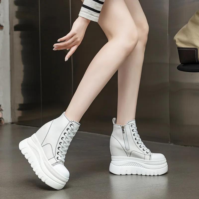 Fashion 12CM New Denim Women Breathable Platform Hidden Heels Shoes Genuine Leather Synthetic Chimney Fashion Spring Ankle Booties