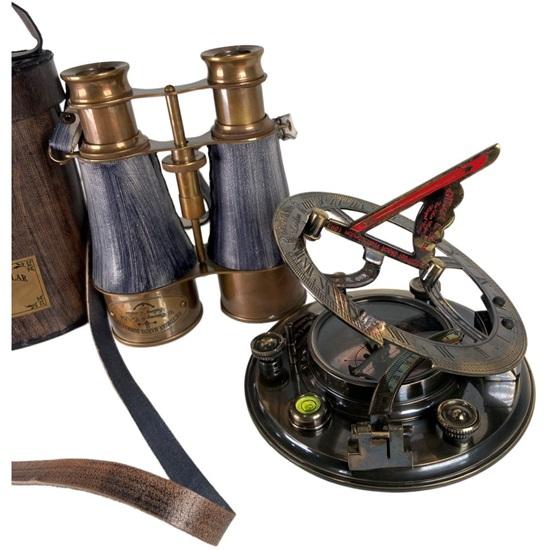Victorian Marine Brass Grey Leather Binocular with Gilbert Sons Sundial Compass Navigational Home and Table Decor