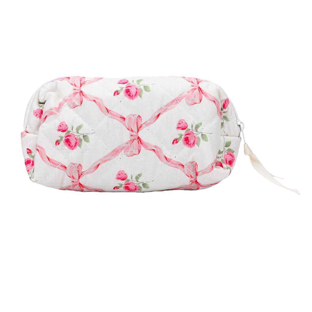Quilted Travel Makeup Bag Floral Aesthetic Toiletry Pouch Cute Bow Cotton Cosmetic Bag for Women Girls