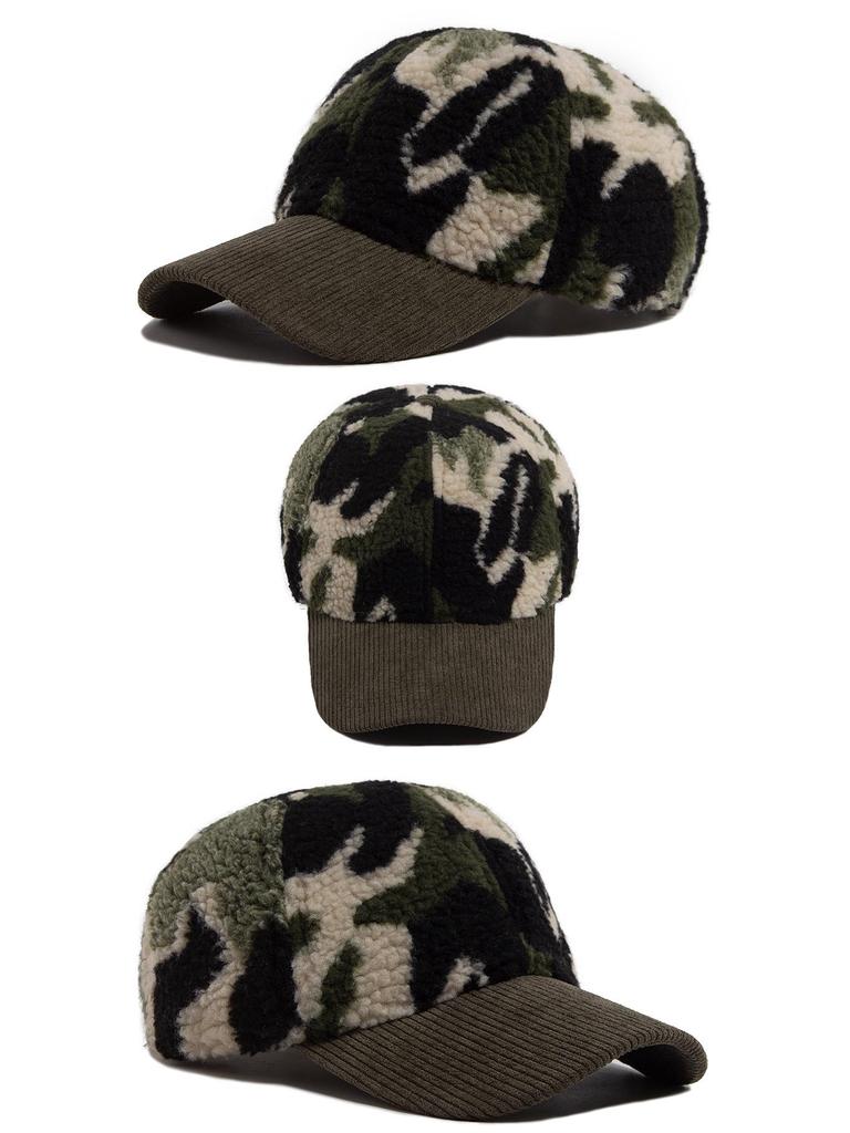 Camouflage Lammwolle Baseballkappe - Unisex Herbst/Winter Warme Entenschnabel Sonnenhut