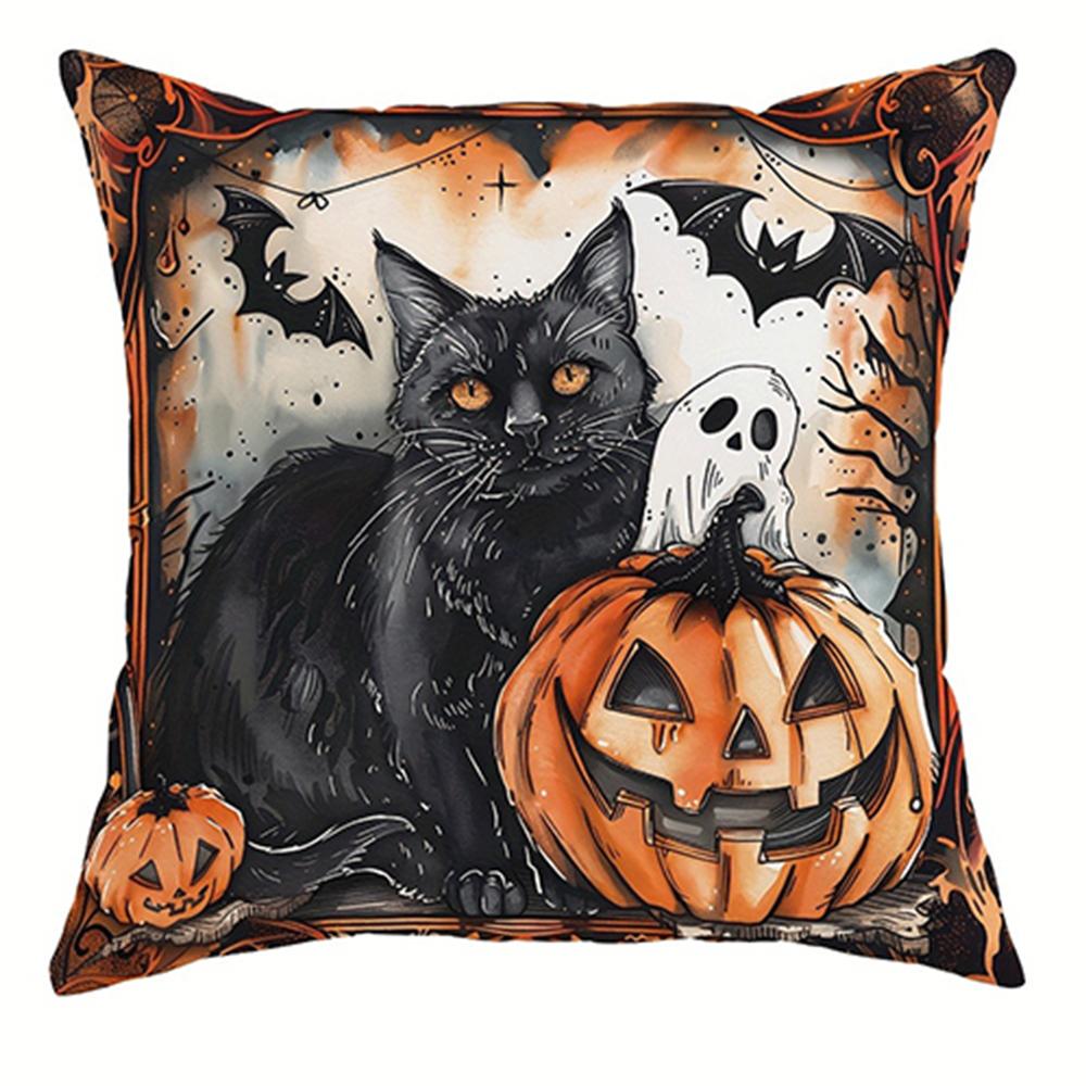 Halloween Decorative Pillowcase, Witch Pumpkin Cat Castle Pattern, Suitable for Home Room Living Room Sofa Cushion Cover