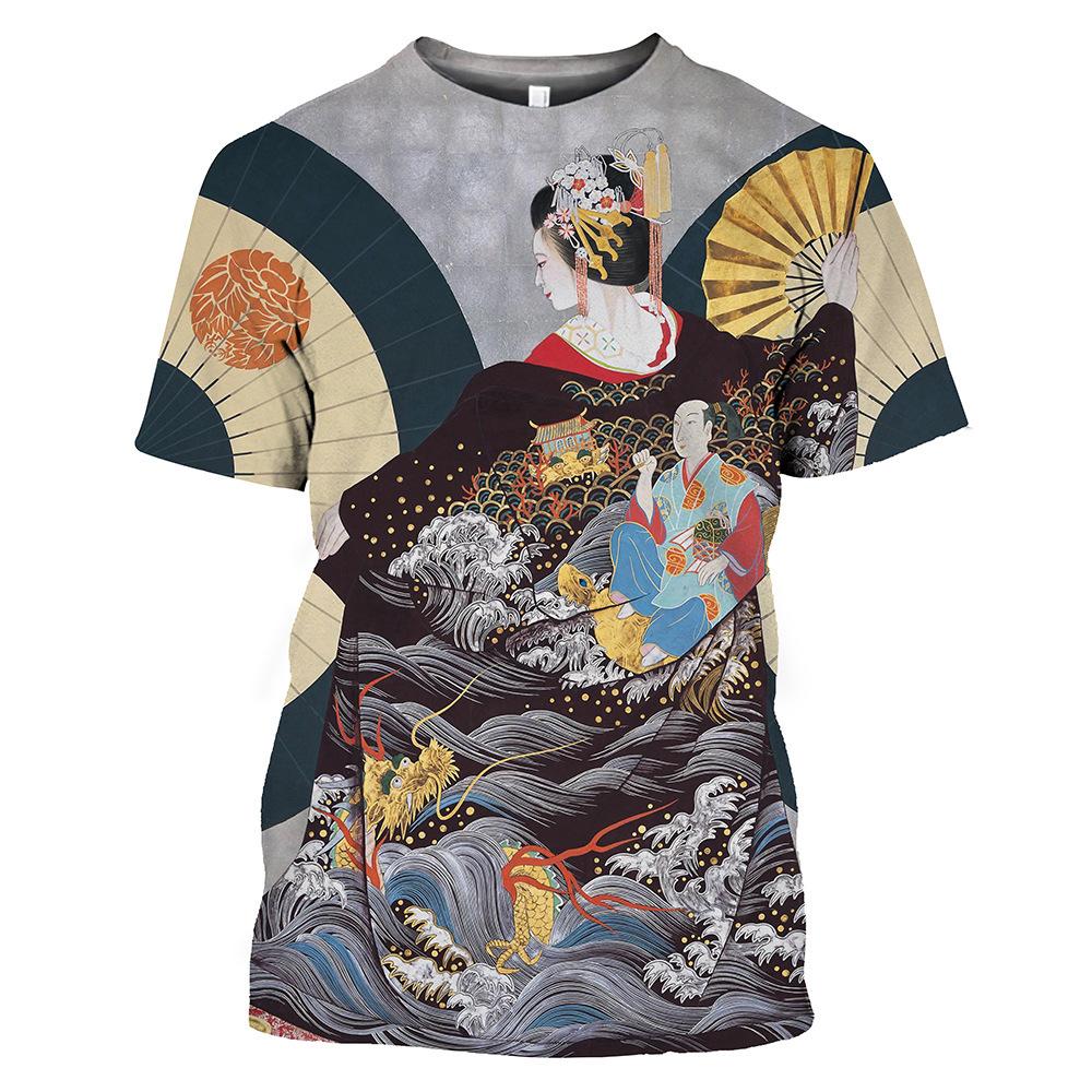 Harajuku Japanese Geisha 3D tištěné pánské a dámské tričko Letní streetwear O-neck Krátký rukáv Top Volný Pár Oblečení