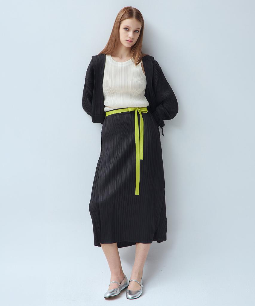 Waiowai Wrap Slit Ribbon Pleated Long Skirt_2Colors