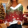 Women's Casual Plush Collar Long Sleeve Christmas Print V Neck Top for Holiday Winter Wear
