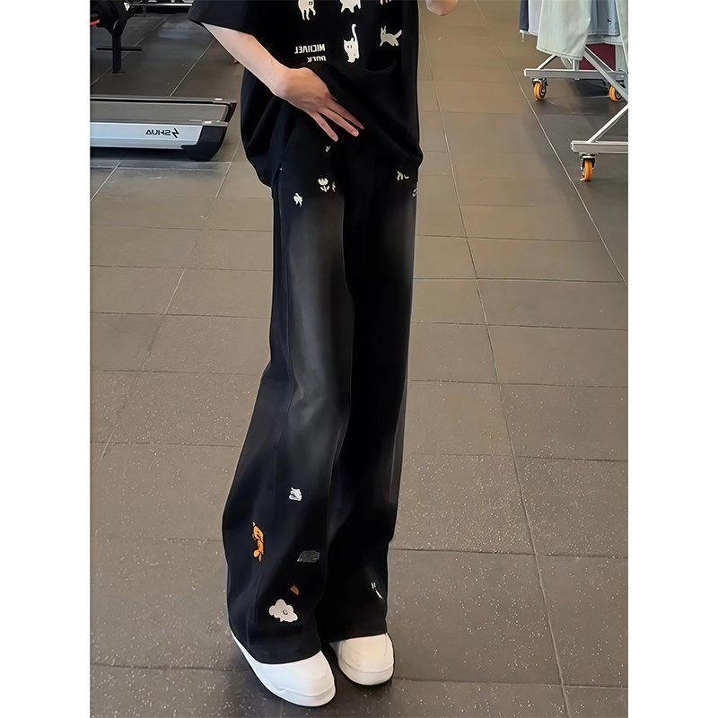Cartoon embroidery black scimitar jeans men's and women's American vibe old-fashioned lifting gear washed straight micro-pull pants