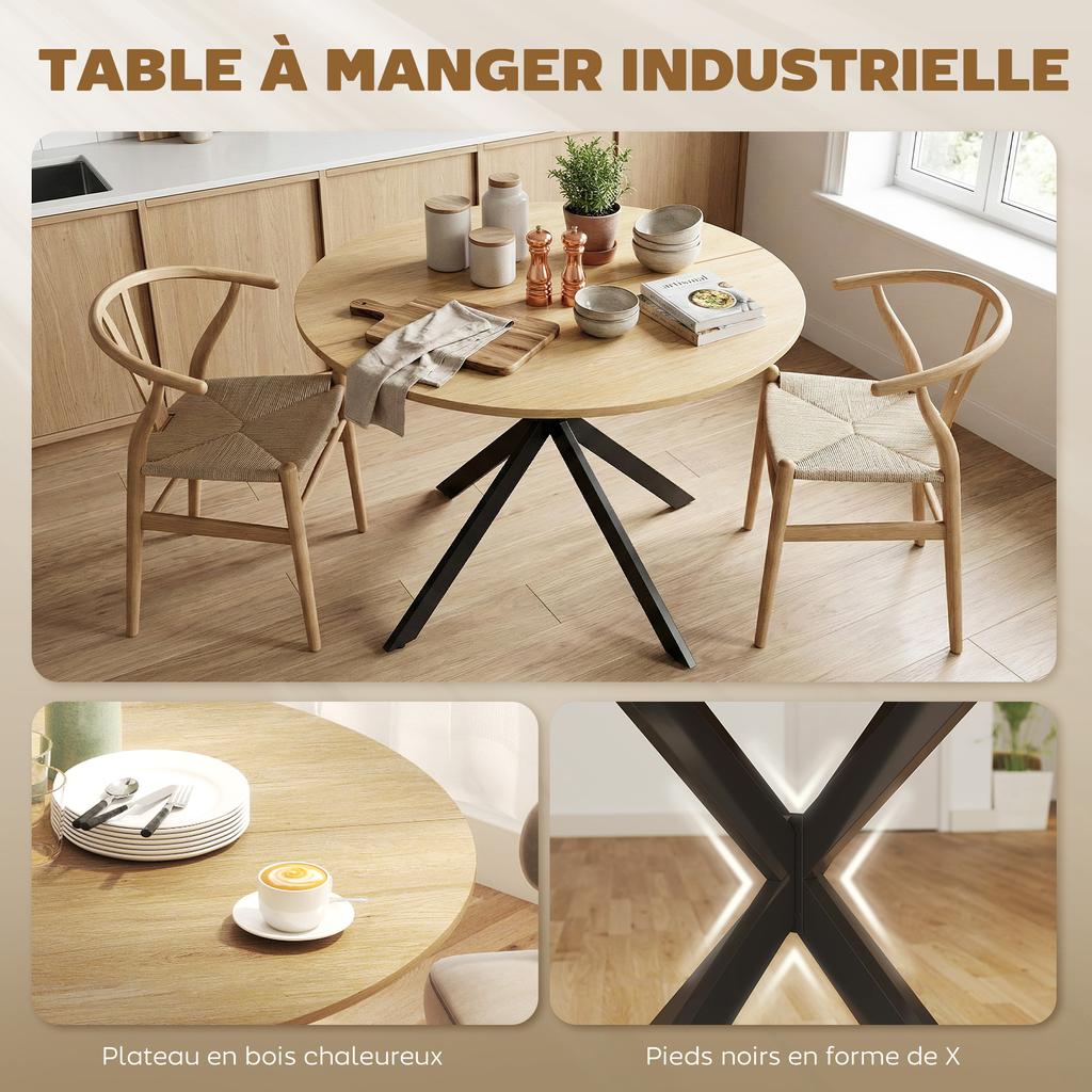 Round Dining Table for 4, 100 cm, Wood-Effect Top, Crossed Oak Steel Base