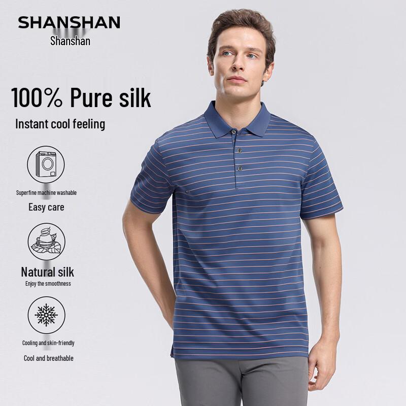 

SHANSHAN Men s 100% Silk Cool Touch Striped Polo Shirt 190