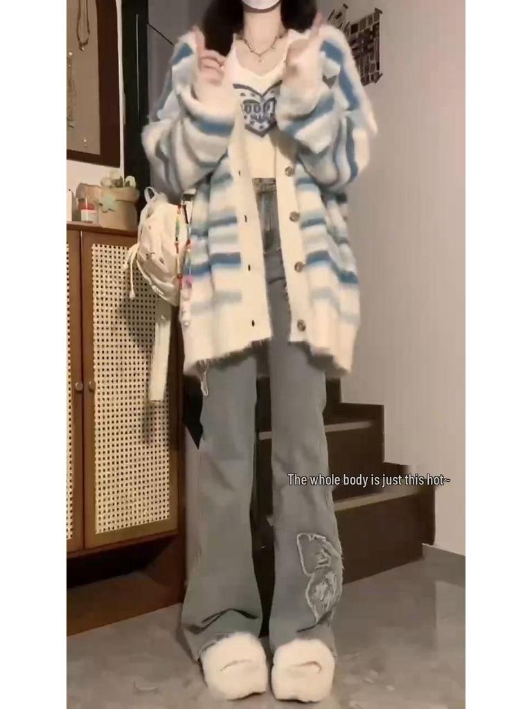 Damen Streifen-Cardigan-Set - Zweiteiliger Lazy-Stil, lockere Passform, weicher Strick für Frühling und Herbst