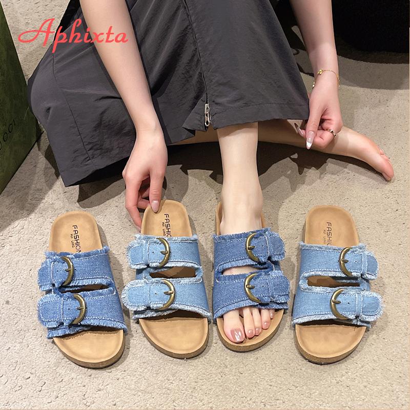 Aphixta Retro Blue Denim Slippers Women Summer Round Toe Shoes Outdoor Flat Heel Slides Metal Buckle Flip Flop