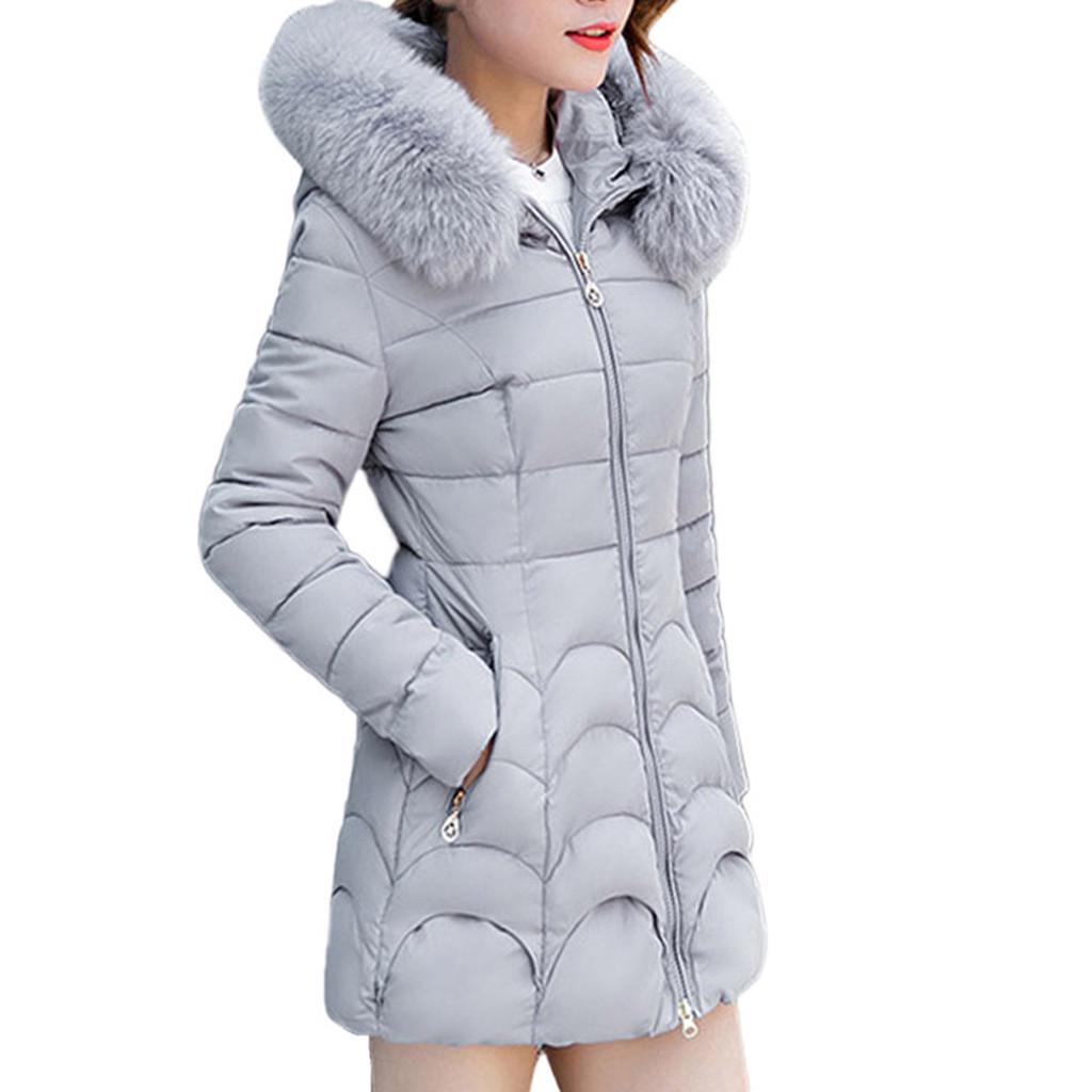 Women Hooded Outwear Warm Coat Long Thick Furry Collar Cotton Slim Jacket