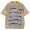Interesting sardine pattern T-shirt retro Water Wash vintage Short Sleeve Men's and women's loose street style fashion top