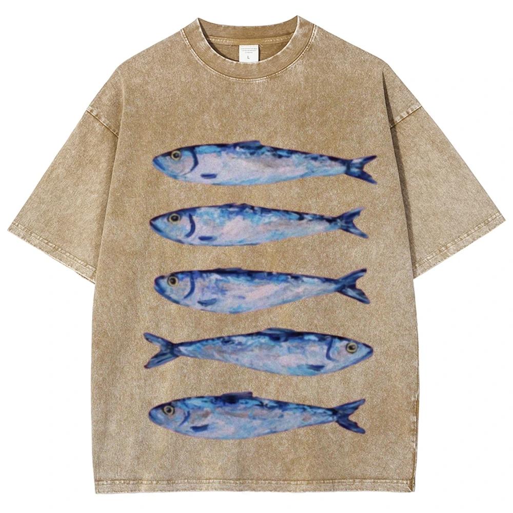 Interesting sardine pattern T-shirt retro Water Wash vintage Short Sleeve Men's and women's loose street style fashion top