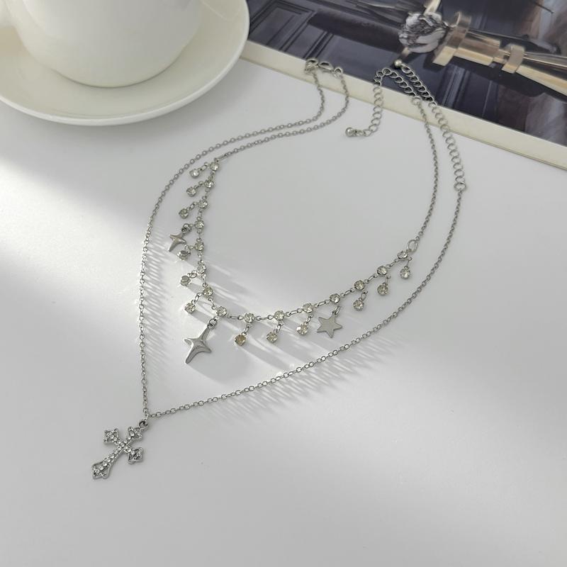 Punk Rock Silver Color Vortex Star Pendant Chain Layered Necklace For Women Men Charms Y2K Grunge Accessories Jewelry