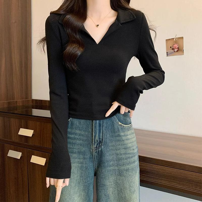 

Французский полуоткрытый воротник с длинными рукавами, футболка для женщин, осень-зима, новая высококачественная рубашка поло, тонкий внутренний топ XL