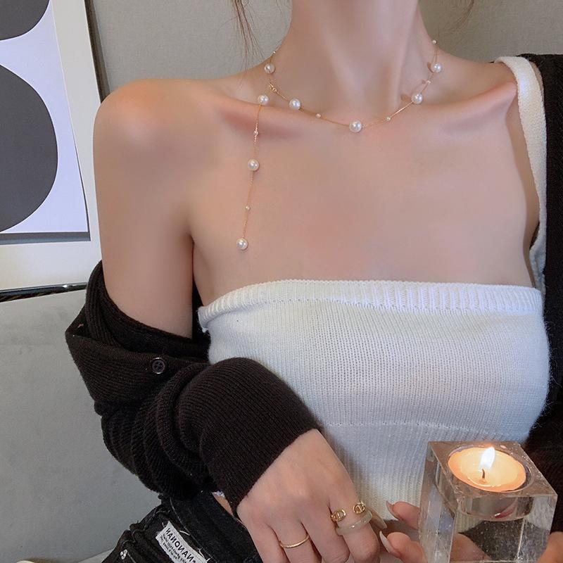 Simple long pearl necklace fashion ins design sense collarbone chain Y type personality temperament versatile item decoration