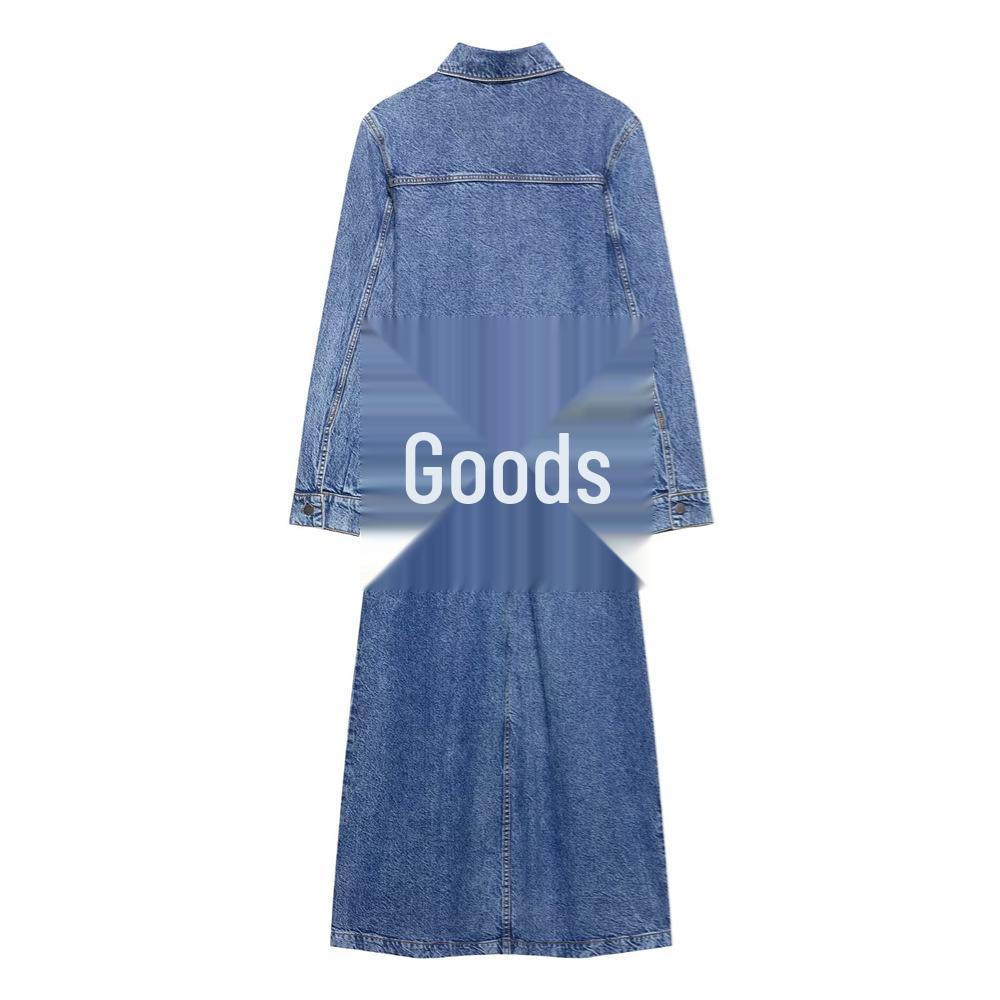 2025 Spring/Summer Women's Casual Denim Dress - Long-Sleeve, Single-Breasted, Lapel Design