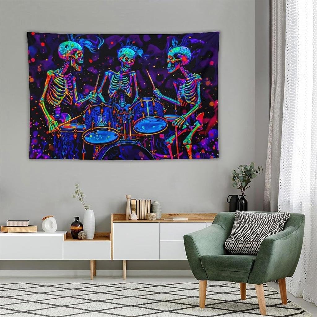 CJSLIFEART Blacklight Skull Tapestry Percussion Small Concert Fluorescent Starry Sky Bedroom Tapestry Background Wall Decoration