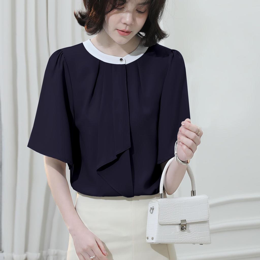 Sueeya Bowtie Short OL [Sueeya] Blouse, Style, Women's Shirt, Bicolor, Sleeve, Top, Slimming, Women, Stylish, Elegant, Cute, Casual, Business, Office,