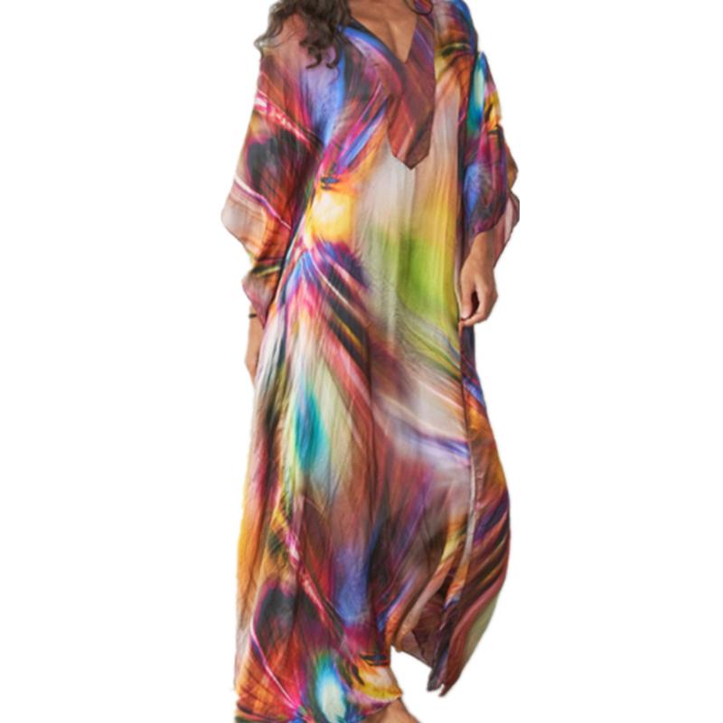 Лёгкое воздушное пляжное платье-туника с короткими рукавами кимоно и с ...