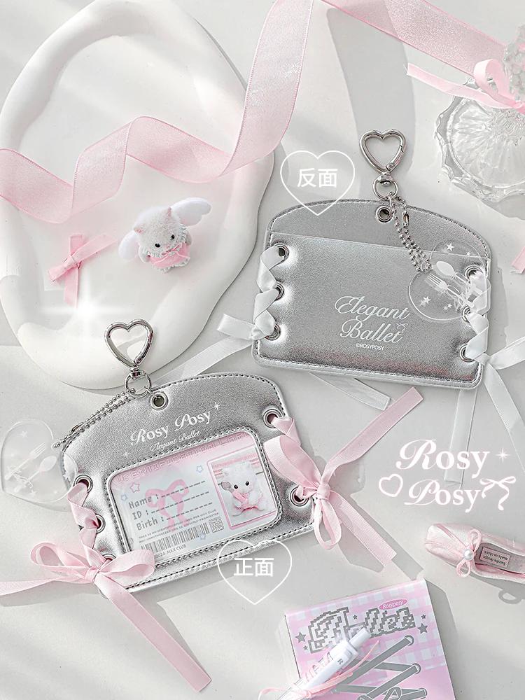 Ballet Ribbon Photocard Holder Kpop Silver PU Idol Photo Display Protector Sleeves Credit ID Cards Case Bag Keychain Pendant