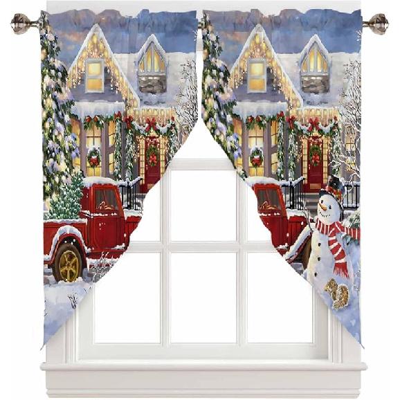 Christmas Swag Valances for Windows, Kitchen Window Curtains Over Sink, Famrhouse Snowflake Truck Xmas Tree Snowflake Window Treatment Curtains for 28 W x 36 L (Pack of 2)