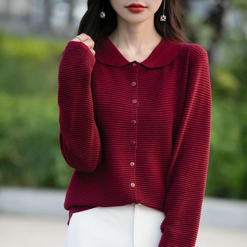 Autumn Women's Cardigan Doll Collar Knit Long Sleeve Loose Solid Colour Sweater Top