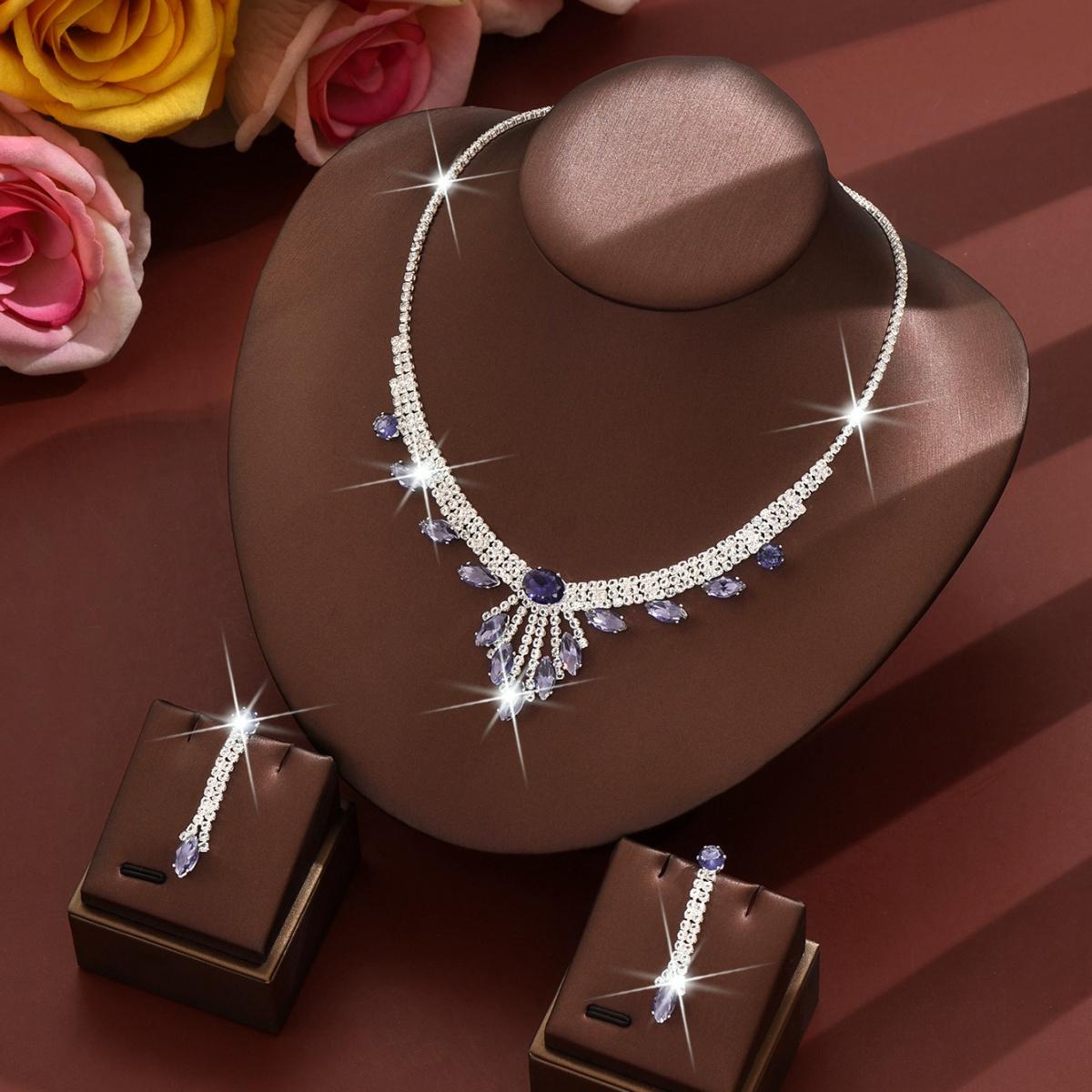 

2025 New Design Colorful Rhinestones Water Drop Necklace Earrings Set Elegant And Simple Suitable For Bridal Wedding Gifts фіолетовий