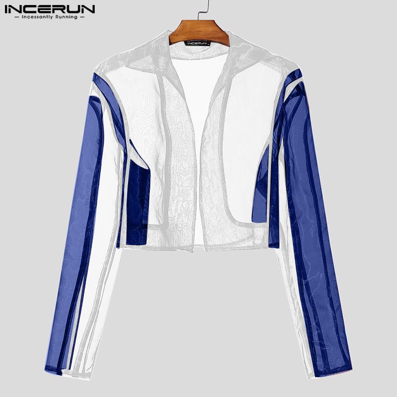 INCERUN Sexy Men Stitching Perspective Long-sleeved Mesh T-shirt Tops