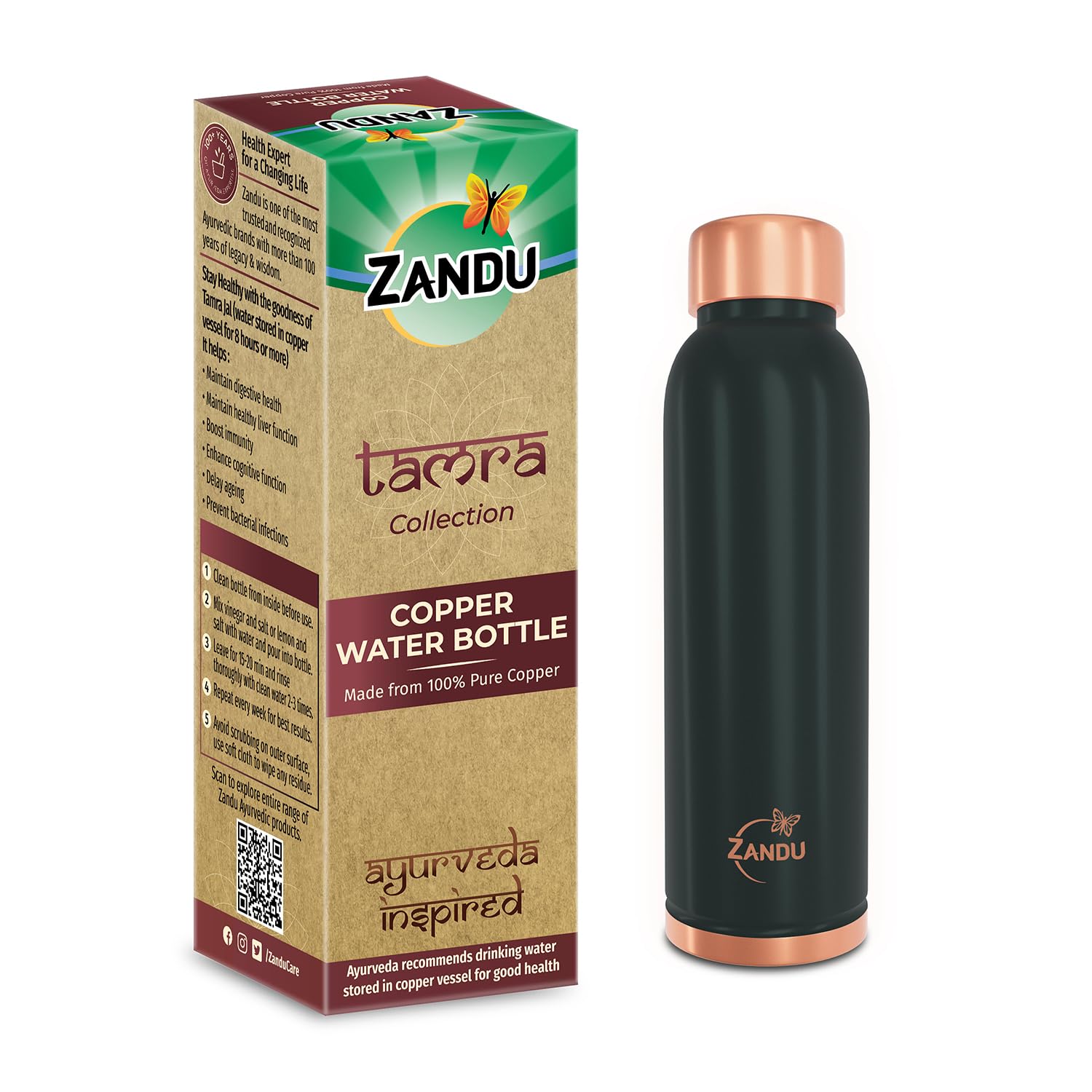 Zandu Copper Bottle Green 950 ml Pack of 1 | Pure Copper Water Bottle for Immunity and Healthy Digestion