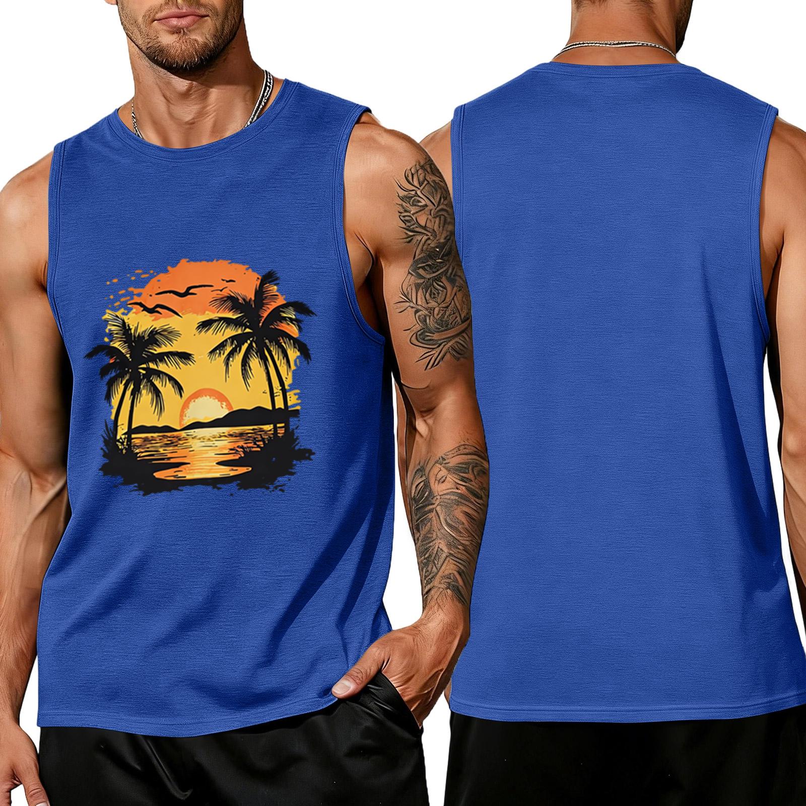 

Men s Sleeveless Muscle Tank Top Crew Neck Casual Fit Summer Beach Tree Print Lightweight Shirt XXL синий